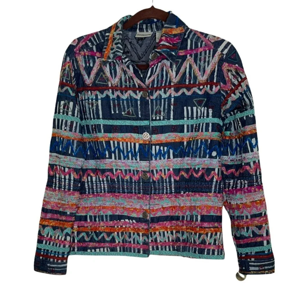 CHICO’S “SCRAP ART FABRIC” JEAN JACKET - Picture 5 of 9